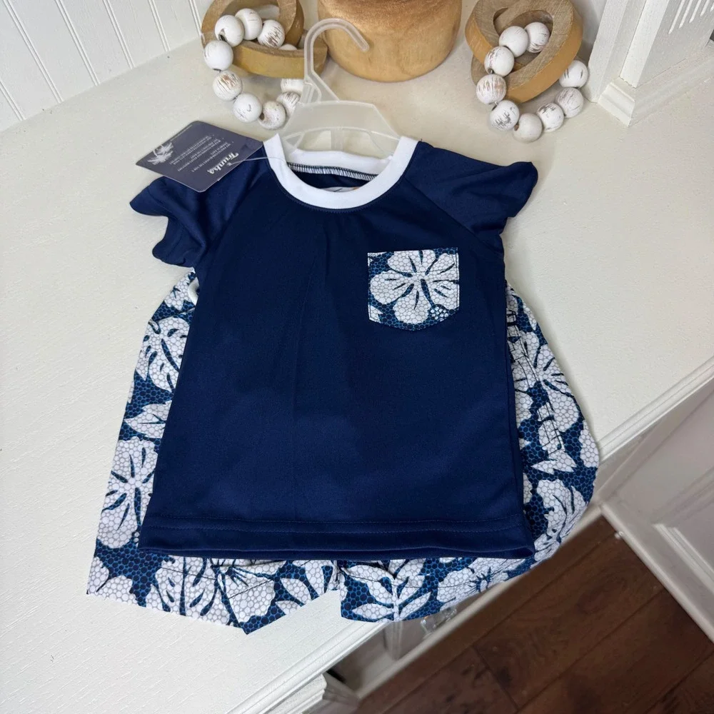 Trunks Surf & Swim Co Boys Swim Set 2 Marine Blue White Hibiscus TS0252420 NEW